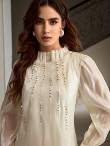 ZEYLAH 女士优雅长袖连衣裙，饰以仿珍珠，休闲又不失优雅 - 杏色 - 查看 2