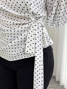 Elenzga Ladies'Plus-Size Black Polka Dot White Blouse,Long Sleeves,Tied Waist,,Elegant,Formal,Black And White,Summer,Office,Wedding,New Year,Christmas - Black and White - View 3