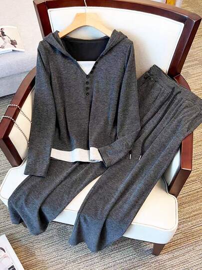 Franclia 2 件套休闲通勤连帽长袖上衣和宽松长裤撞色装饰纽扣基本针织女套装，灰色，秋冬