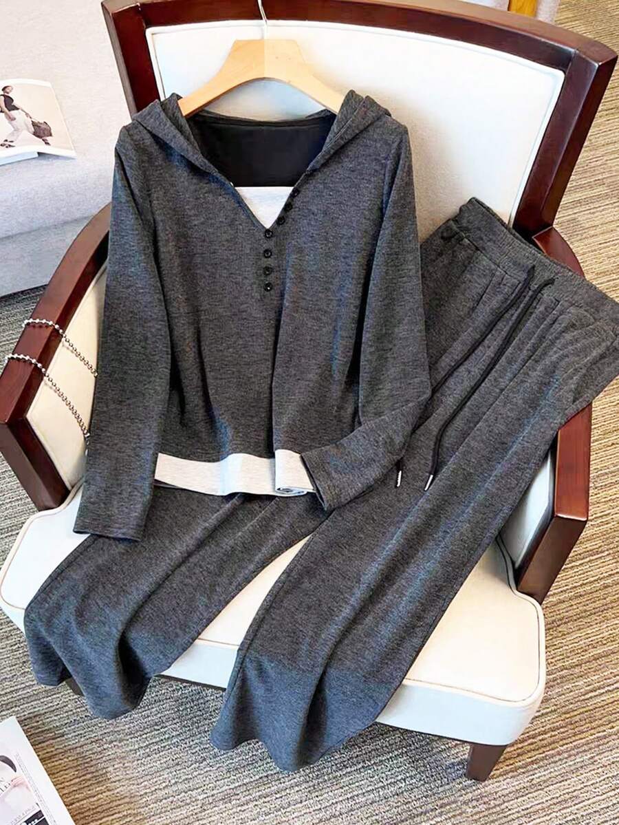 Franclia 2 件套休闲通勤连帽长袖上衣和宽松长裤撞色装饰纽扣基本针织女套装，灰色，秋冬 - 深灰色 - 查看 1