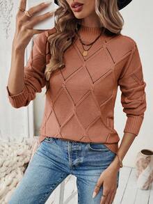 SHEIN LUNE Casual Versatile Solid Color Diamond Pattern Knit Sweater, Autumn/Winter - Redwood - View 4