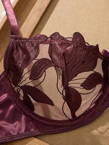 Red Violet Floral Sheer Lingerie Set For Women Sexy Spaghetti Strap Bra And Mini Shorts