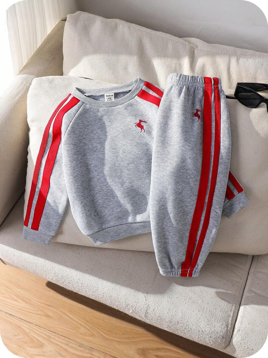 2pcs/Set Baby Boy Cute Casual Sports Ribbon Knit Christmas Red Sweatshirt And Jogger Pants Tracksuit, Unisex Baby Clothes, Baby Winter Clothes - Light Grey - View 1