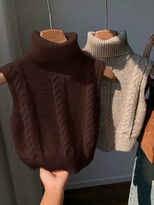 Comfortcana 2pcs/Set Casual Solid Color Turtleneck Sleeveless Knit Top, Versatile For Autumn/Winter - Multicolor - View 6