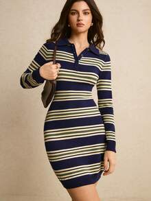 Poéselle Navy Striped Polo Collar Knit Sweater Dress For Women, Slim-Fit Long Sleeve Ribbed Knit Mini Dress In Soft Stretch Cotton Blend,Women's Autumn/Winter Polo Collar Long Sleeve Striped Casual Knit Dress,Winter Dress