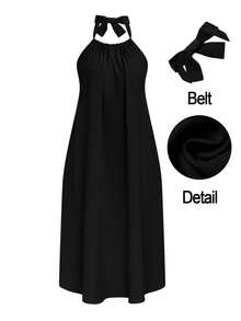 SHEIN Clasi Váy yếm hở lưng màu trơn thanh lịch cỡ lớn, mùa hè - màu đen - Xem 1