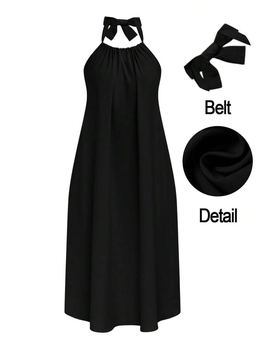 SHEIN Clasi Váy yếm hở lưng màu trơn thanh lịch cỡ lớn, mùa hè - màu đen - Xem 1