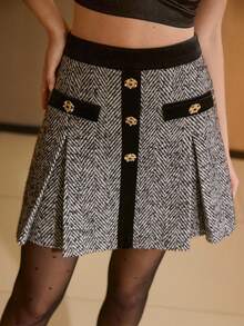 MOTF PREMIUM TWEED & VELVET PATCHWORK PLEATED MINI SKIRT, AUTUMN/WINTER - Grey - View 7