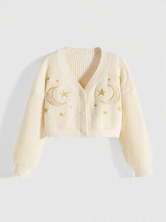 Hippie Cardigan lavorato a maglia con ricamo di stelle e lune per donna, maglione corto con maniche a lanterna e scollo a V retrò, design di nicchia versatile