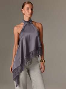 AiiRZ 高领露背缎面蕾丝下摆不对称无袖上衣，适合晚宴等场合，尽显精致奢华风范。 - 淡紫色 - 查看 4