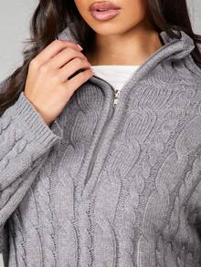 MISSGUIDED Cable Knit Zip Up Hooded Sweater With Oversized Fit For Fall Winter Casual Wear - Dark Grey - View 6