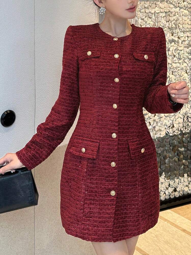 Women's Elegant Front Button Mid-Length Dress, Suitable For Commuting, Autumn/Winter New Year Christmas