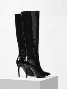 Mnmlis Elegant Wine Red Patent Leather Tall Boots With Metal Buckle Strap, Slim High Heel - Black - View 10