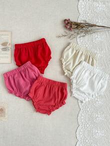 SHEIN 5条/包 可爱马卡龙色纯色纹理面料 女婴夏季轻薄灯笼裤 休闲舒适裤装 - 彩色 - 查看 3