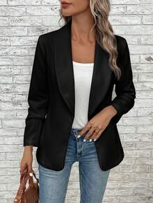 EMERY ROSE 女式纯色垂领褶饰长袖休闲办公室西装外套，秋季 - 黑色 - 查看 6