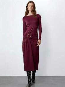 Maija Women's Solid Color Boat Neck Long Sleeve Ruched Metal Decor Fashionable Dress Christmas Outfit For Women New Year Clothes  Elegant Party Dresses  Elegant Dresses For Women   Red Dress Holiday Outfits  Red Dress For Women - Burgundy - View 8