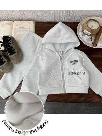 2pcs Baby Girl Knitted Solid Color Hooded Cardigan And Leggings Set