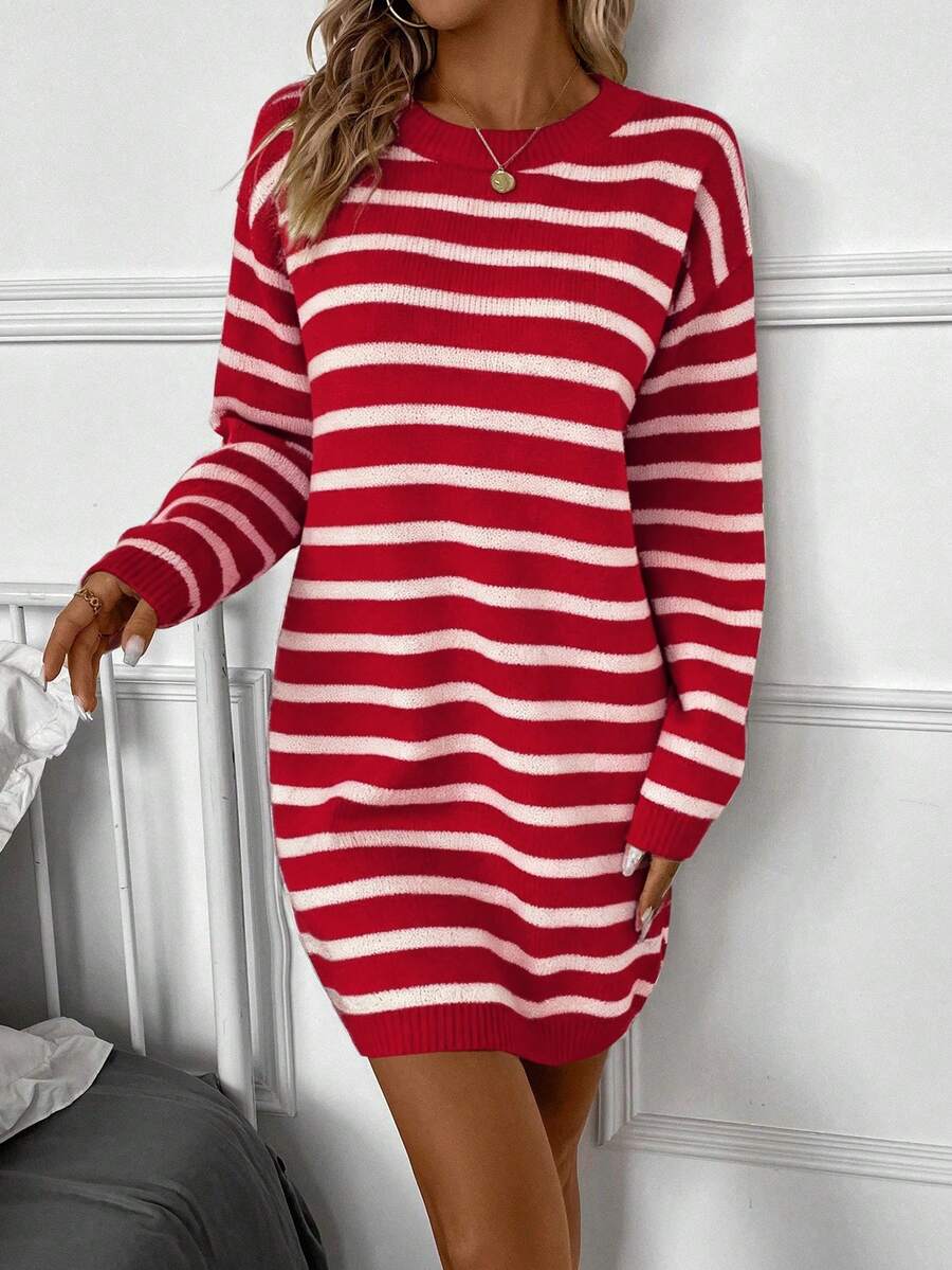 SHEIN LUNE Casual Colorblock Striped Knit Dress, Autumn/Winter - Red - View 1