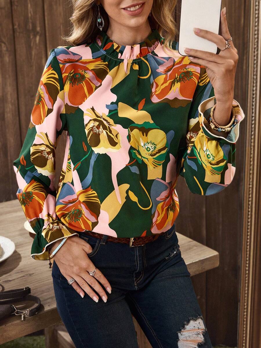 Women's Colorful Printed Casual Long Sleeve Shirt - Green - View 1