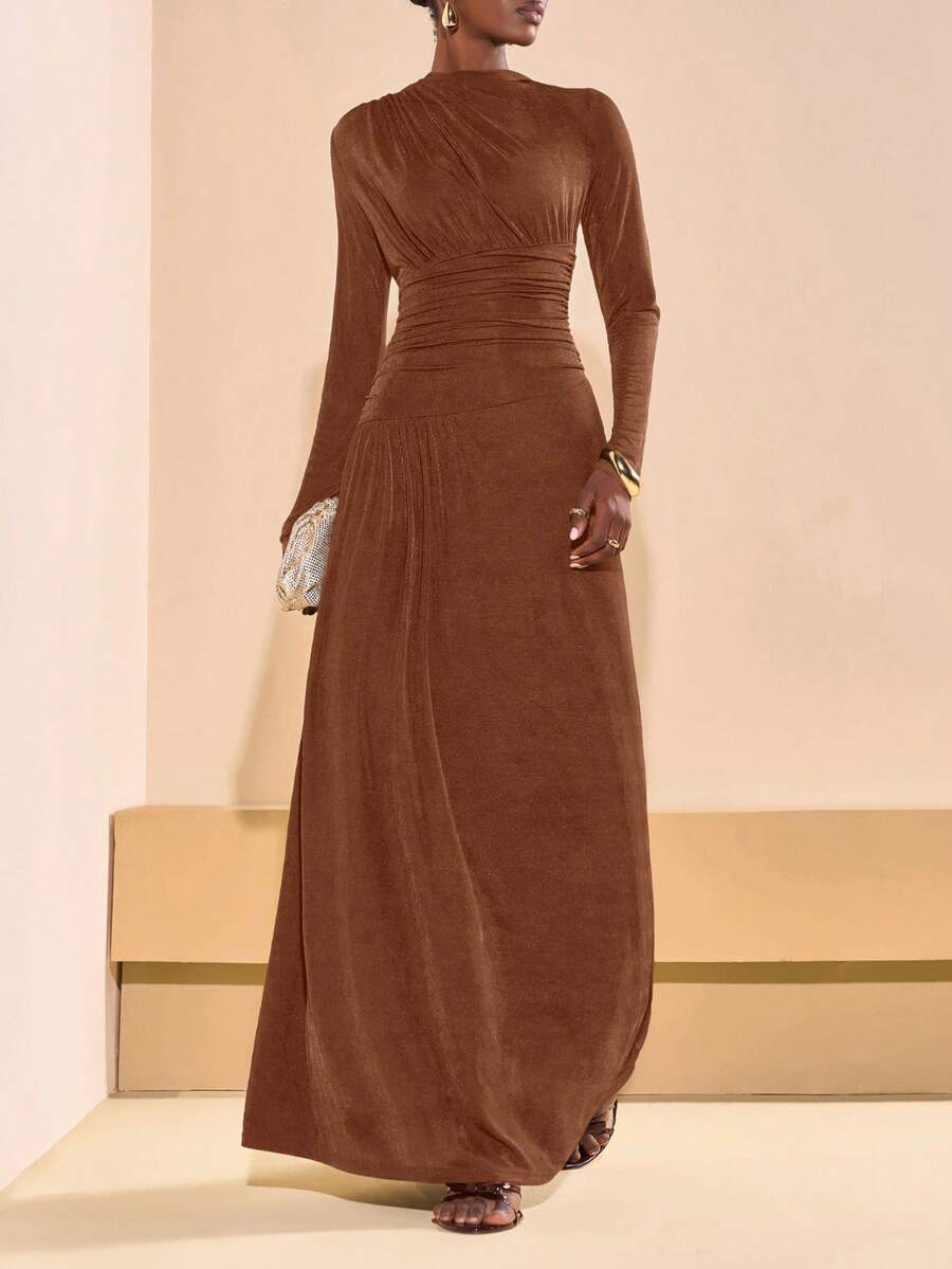 Zivah 2025 Autumn/Winter New Arrival Music Festival, Easter, St. Patrick's Day, Western, Nomadic, Birthday Party, Graduation, College Style, Student, Daily Casual, All-Match Versatile, Leisure, Cruise Travel, Beach, Sunbathing, Viral , Streetwear, Wedding Guest Boho, Commute, Brunch, Airport, Y2K, Vintage Distressed Round Neck Long Sleeve Ruched Waist Maxi Brown Shiny Dress - Redwood - View 1