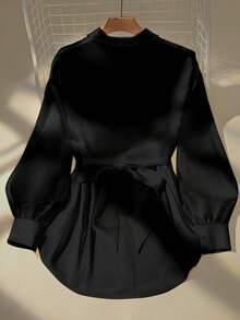 GlowEve 女士金属装饰长灯笼袖长衬衫，优雅时尚 - 黑色 - 查看 2