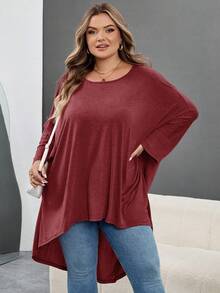 SHEIN CURVE+ 大码宽松蝙蝠袖下摆不对称前短后长T恤，圆领，纯色，弹力柔软，舒适百搭，时尚百搭，适合日常穿着，秋季女装，冬季，加大码/秋冬 - 中紫紅色 - 查看 7