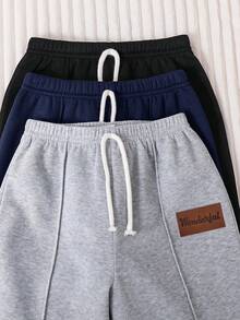 SHEIN 男童休闲可爱经典宽松套头卫衣长裤套装，3件套，买二送一，适合外出、上学、聚会、秋冬季穿着。 - 藏蓝色 - 查看 3