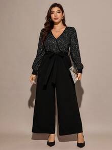 Comfylo Bộ đồ liền thân dài tay ống rộng cổ chữ V màu kim loại cỡ lớn thanh lịch dành cho nữ - màu đen - Xem 4