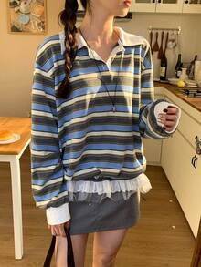 DAZY 女士翻领条纹休闲长袖卫衣，秋冬款 - 白色 - 查看 5