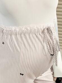 SHEIN Adjustable Waist Bow Print Pocket Wide Leg Loose Casual Maternity Pants - Khaki - View 2