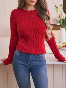EMERY ROSE Solid Color Cable Knit Crew Neck Casual Pullover Sweater - Red - View 4