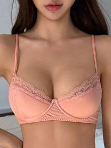 DAZY 蕾丝拼接无钢圈加厚可调节细肩带性感文胸，女士内衣 - 粉色 - 查看 6
