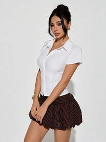 SHEIN PETITE Women's Elegant Spring/Summer Commute Daily Casual Solid White Short Sleeve Pleated Waist Shirt - White - View 10