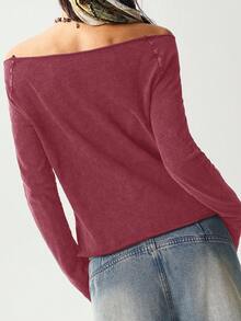 Bohemela Áo thun dệt kim cổ thuyền tay dài màu trơn thường ngày dành cho nữ - Đỏ - Xem 7