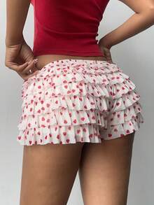 Aloruh Women's New Cake Hem Shorts Romantic Cute Heart Pattern Y2K Style , Valentine's Day , Red And White Heart Print Shorts - Red and White - View 2