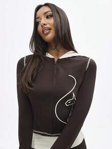 BABYPHAT Atasan Berkerudung dengan Resleting, Trim Putih Kontras, dan Detail Tudung, Lengan Panjang, Potongan Pas Badan, Desain Pendek, Motif Siluet Kucing - Coffee Brown - View 4