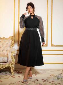 Cravure Vestido largo de manga larga con lentejuelas transparentes y cinturón para mujer de talla grande, adecuado para fiesta - Negro - Ver 3