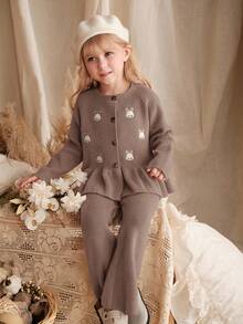 SHEIN Young Girl Cartoon Pattern Crew Neck Long Sleeve Pullover Top And Elastic Waist Pants 2-Piece Set, Girls Rabbit Sweater Set, Girls Cardigan Set, Girls Autumn/Winter Knit Set, Girls Ribbed 2-Piece Set, Girls Knit Cardigan Set, Girls Autumn Outfit, Young GirlWinter Outfit, Brown Girls Knit Set, Girls Rabbit Pattern Set - Mocha Brown - View 3