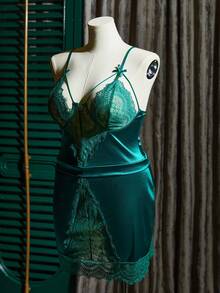 SilkySpell Plus Size Lace Patchwork Faux Silk Nightgown Green Dark Lingerie Dress Sleepwear - Green - View 6