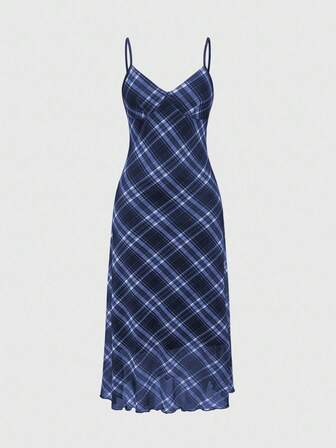 Fairycore Women's Plaid Print Casual Maxi Cami Dress