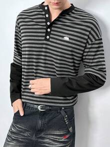 ESTAVOR 男士条纹T恤，撞色袖子，宽松圆领长袖 - 灰色 - 查看 3