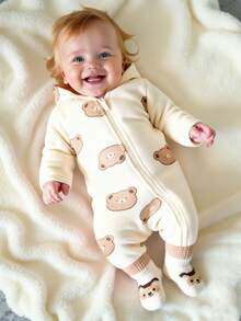 SHEIN 一件装幼儿保暖抓绒草莓印花连帽长袖连体衣，时尚甜美，适合秋冬季穿着。 - 米色 - 查看 1