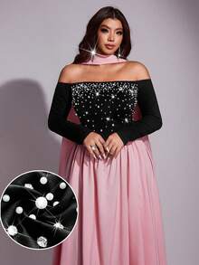 Viva Relle 大码女式优雅纯色针织高弹力面料水钻和珍珠装饰露肩设计拼色高领连衣裙，适合派对、圣诞节、生日、婚礼嘉宾、秋冬 - 彩色 - 查看 1