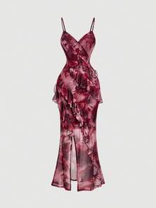 SHEIN MOD V 领荷叶边下摆高开衩扎染花卉印花超长吊带裙 - 彩色 - 查看 3
