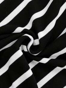 Chiquease 法式优雅黑白条纹针织仿吊带背心；女士度假装、休闲上衣、夏季吊带背心、外出上衣、优雅上衣。露脐上衣、可爱露脐上衣、女士上衣、条纹露脐上衣、连衣裙上衣 - 黑與白 - 查看 4