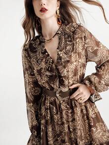 Aveloria Modichic Vestido de manga larga con cuello de volantes, cinturón de cintura y estampado de flores de anacardo arrugado de gasa vintage, otoño - Multicolor - Ver 5