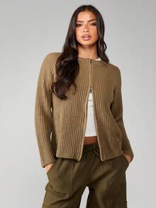 MISSGUIDED Women's Zip Through Ribbed Knit Cardigan With Round Neckline And Long Sleeves For Fall Winter Layering - Olive Green - View 5