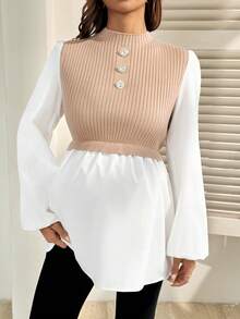 SHEIN Maternity Patchwork Long Sleeve Pullover Sweater - Khaki - View 4