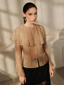 Anewsta Savoree Autumn Women's Peter Pan Collar Top, Halloween Flowy Lace Blouse, Y2K Style - Khaki - View 3