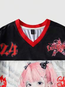 ROMWE MEN Anime Camiseta de manga corta de jersey deportivo para hombre, con parches de tela de malla, para verano